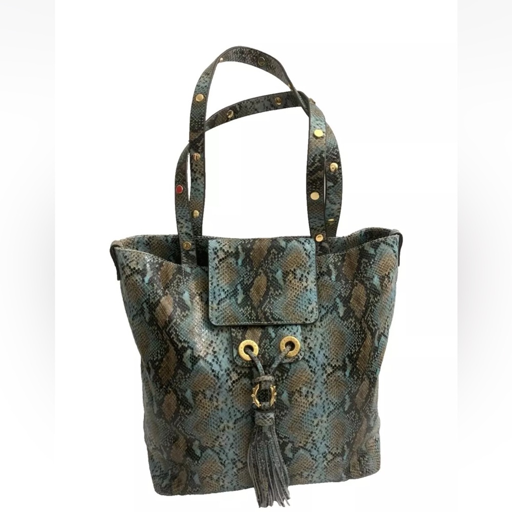 AIMEE KESTENBERG Blue Embossed Leather Snakeskin Shoulder Tote Large Bag